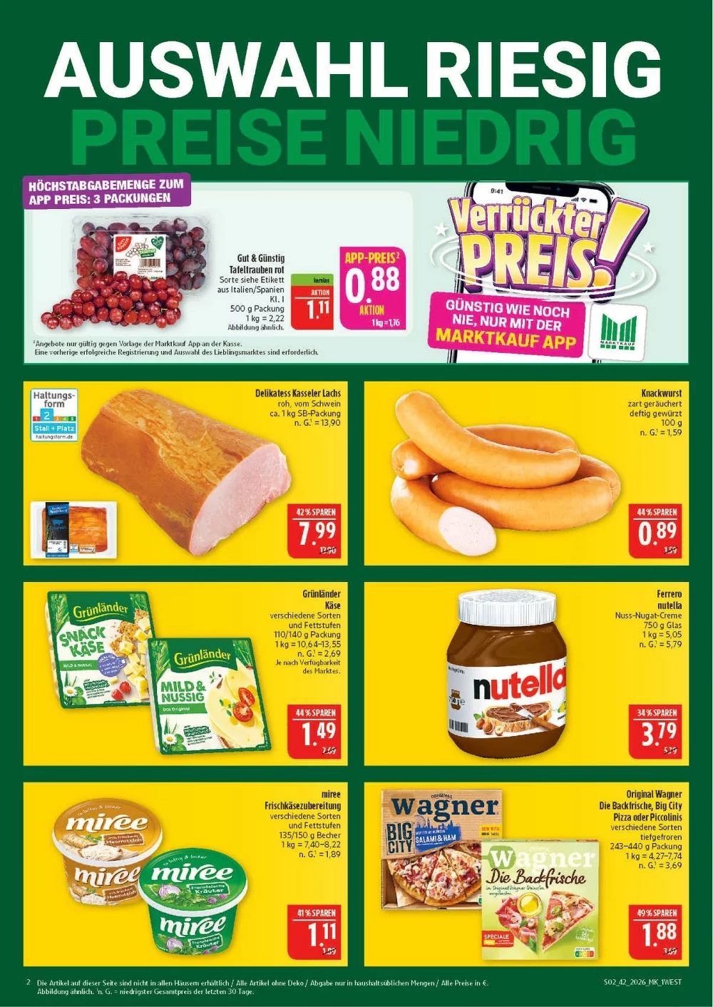 Marktkauf Hof Prospekt KW 42 Seite 2 mit Tafeltrauben, Kasseler Lachs, Knackwurst, Grünländer, Nutella & Miree