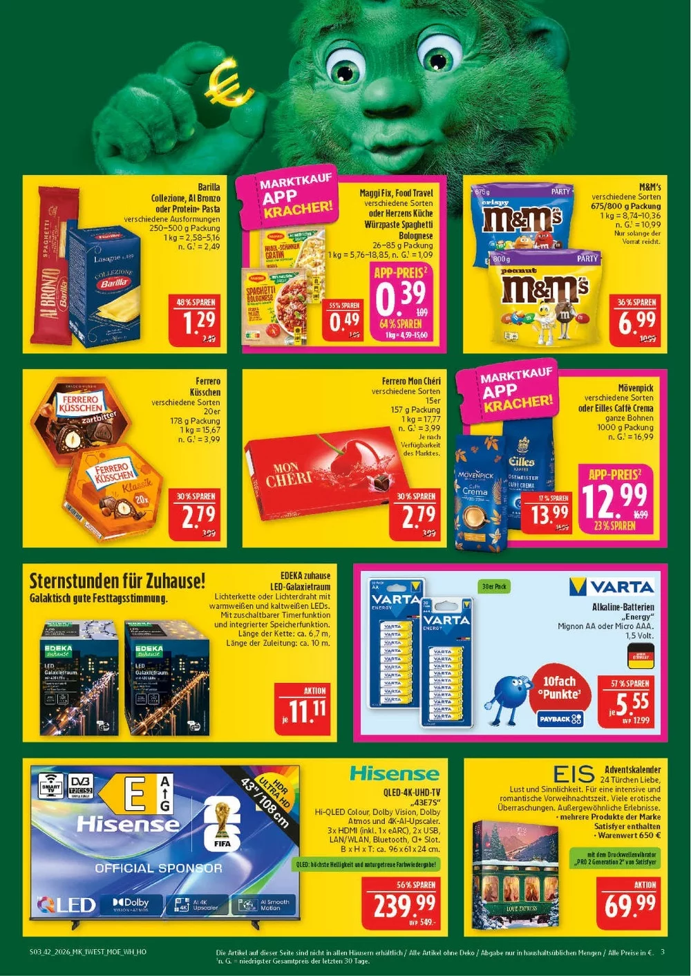 Marktkauf Hof Prospekt KW 42 Seite 3 mit Barilla Pasta, Maggi Fix, Ferrero Küsschen, Hisense TV & EIS Adventskalender
