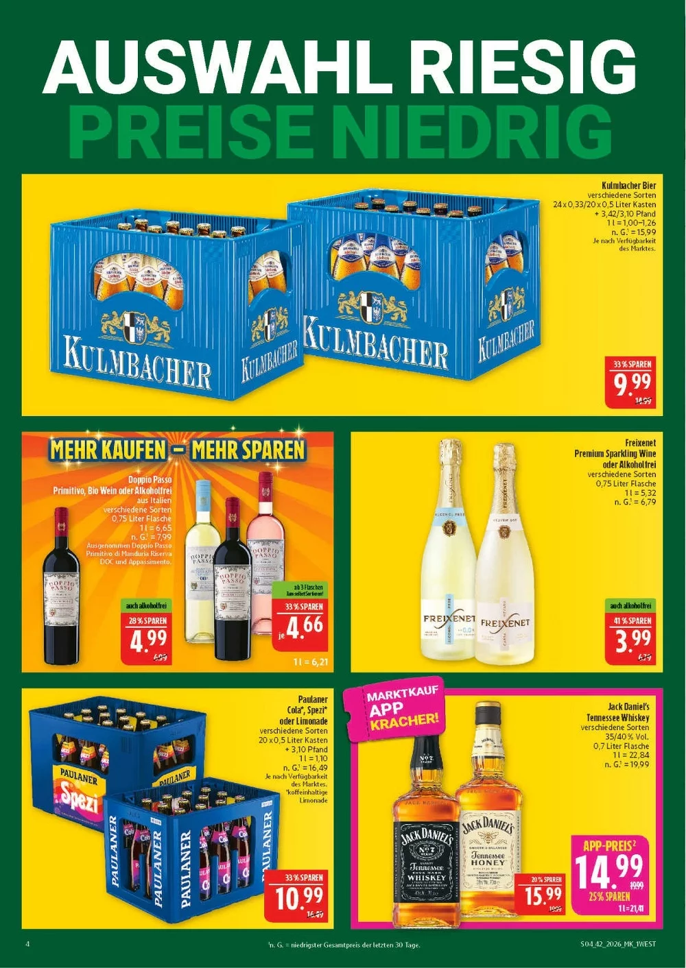 Marktkauf Hof Prospekt KW 42 Seite 4 mit Kulmbacher Bier, Doppio Passo, Freixenet, Paulaner Spezi & Jack Daniel's