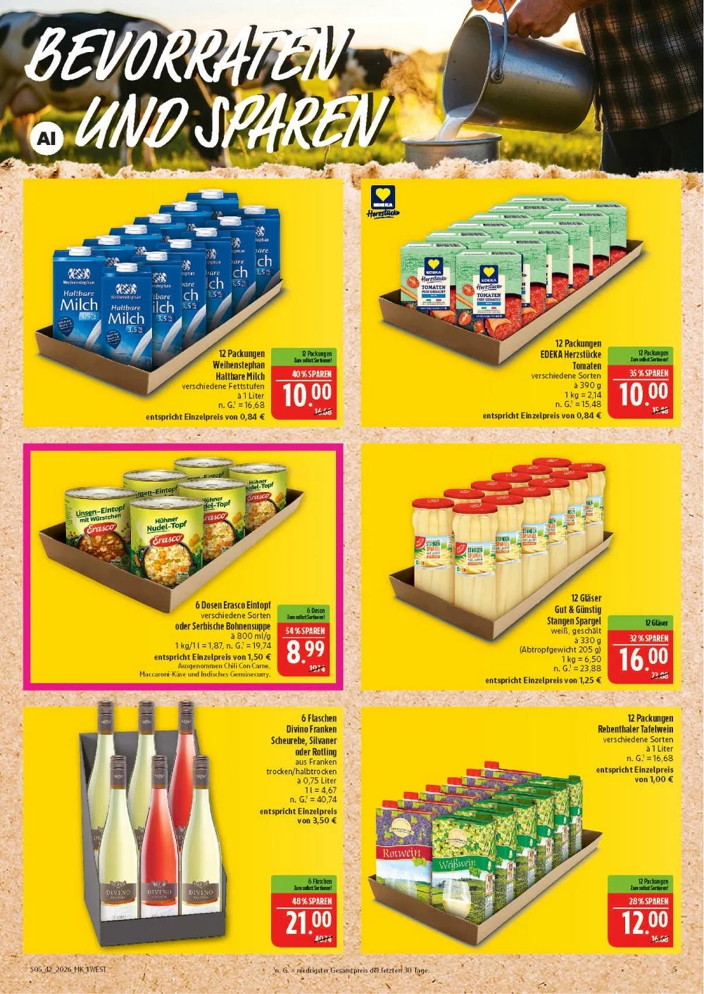 Marktkauf Hof Prospekt KW 42 Seite 5 mit Weihenstephan Milch, Edeka Tomaten, Erasco Eintopf & Spargel im Glas