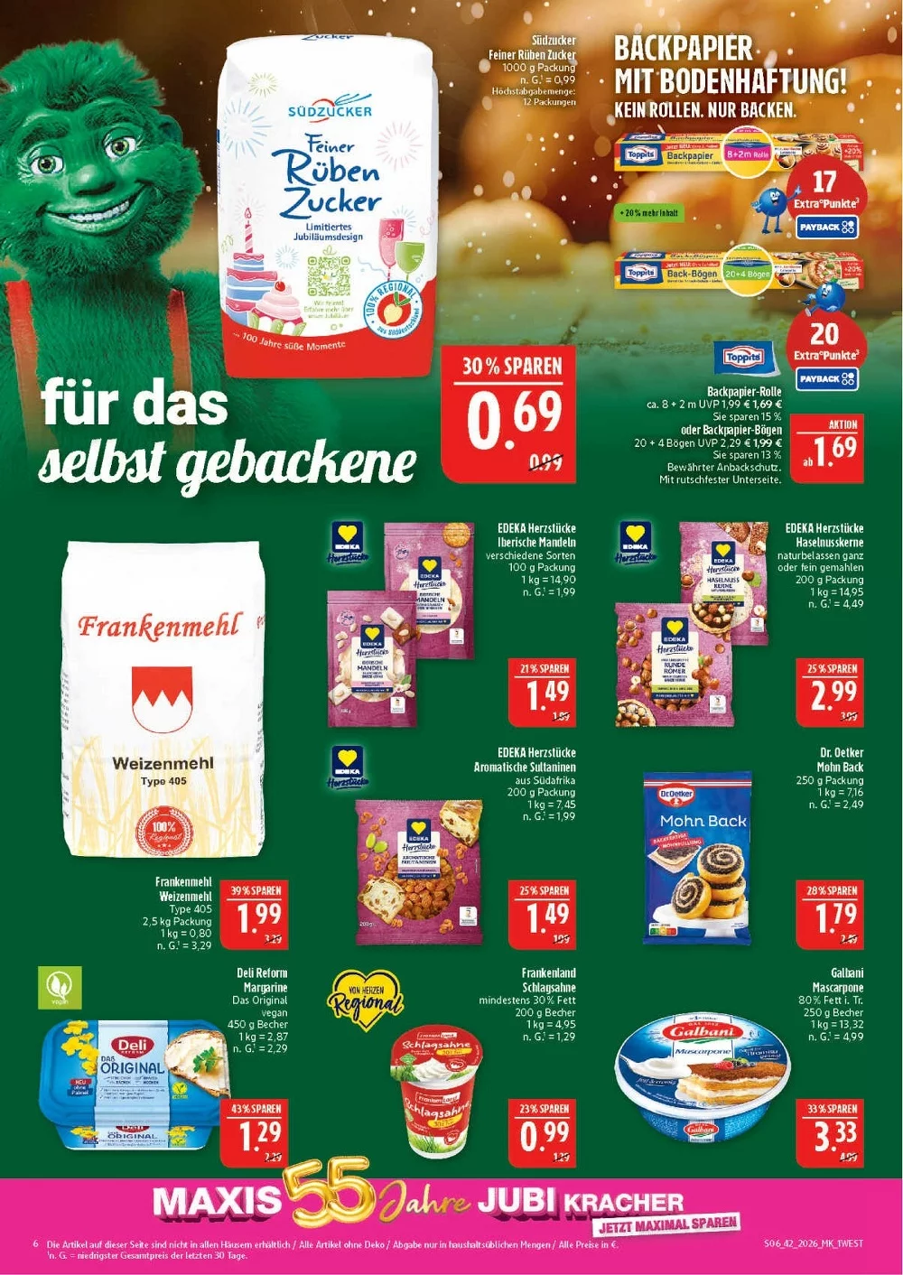 Marktkauf Hof Prospekt KW 42 Seite 6 mit Südzucker, Frankenmehl, Toppits Backpapier, Mohn Back & Mascarpone   