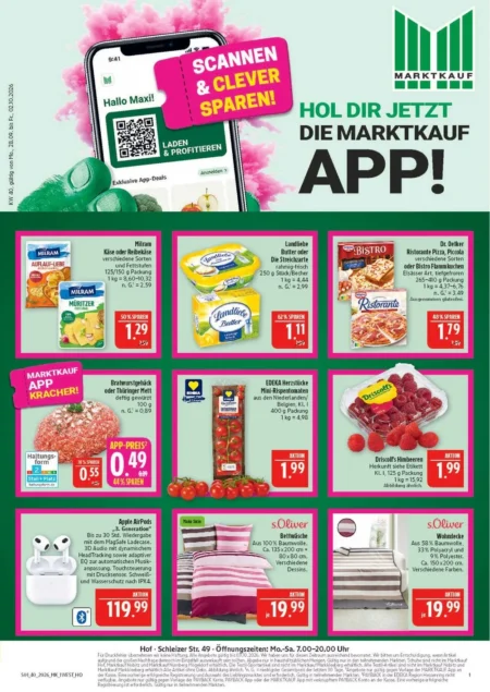 Marktkauf Hof Prospekt ab 28.09.2026 (KW 40) Marktkauf Hof Prospekt ab 28.09.2026 Seite 1 mit Milram Käse, Landliebe Butter, Pizza, Hackfleisch, Tomaten und AirPods.