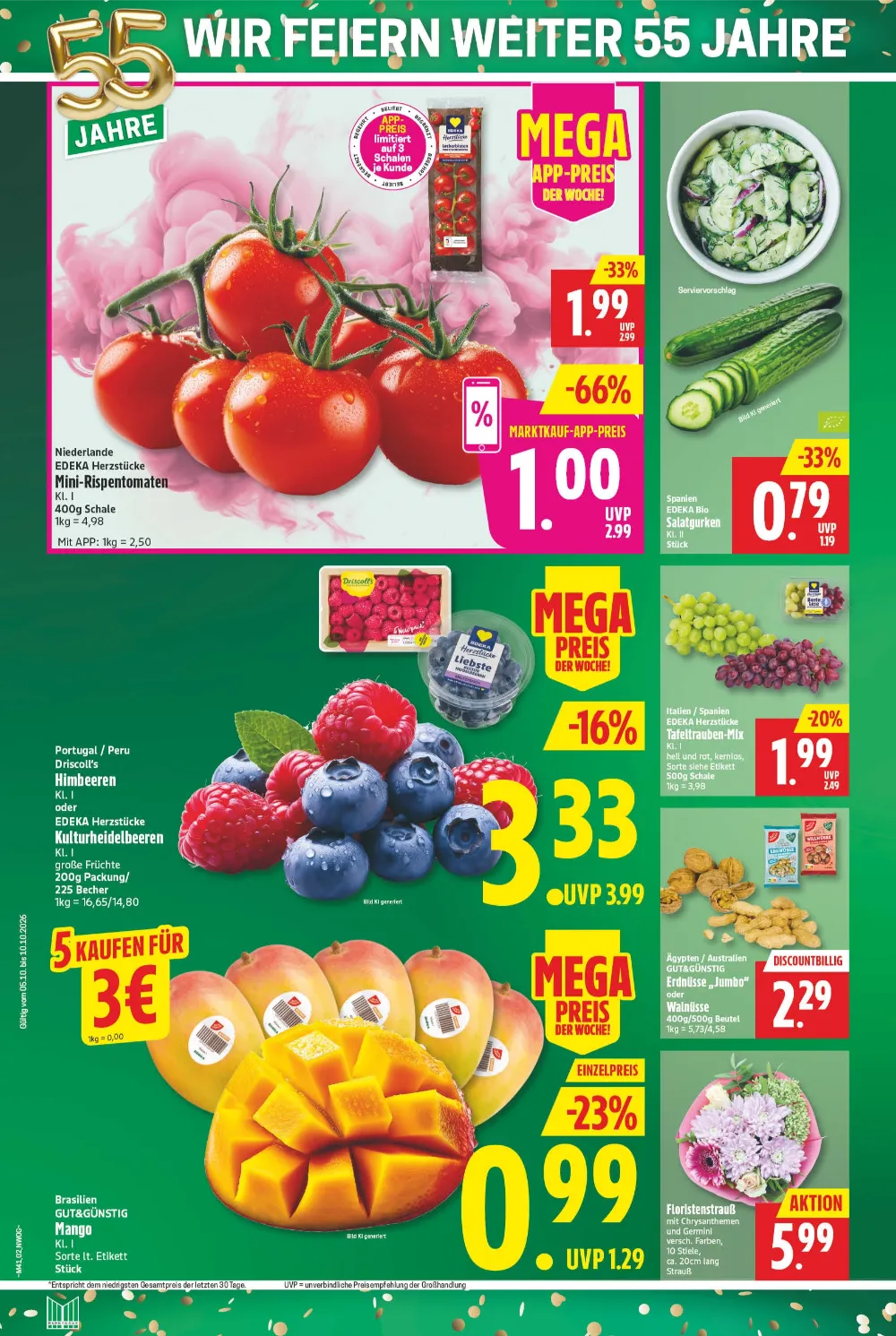 Marktkauf Nord Prospekt KW 41 Seite 2 mit Rispentomaten, Salatgurken, Himbeeren, Heidelbeeren, Mangos und Tafeltrauben