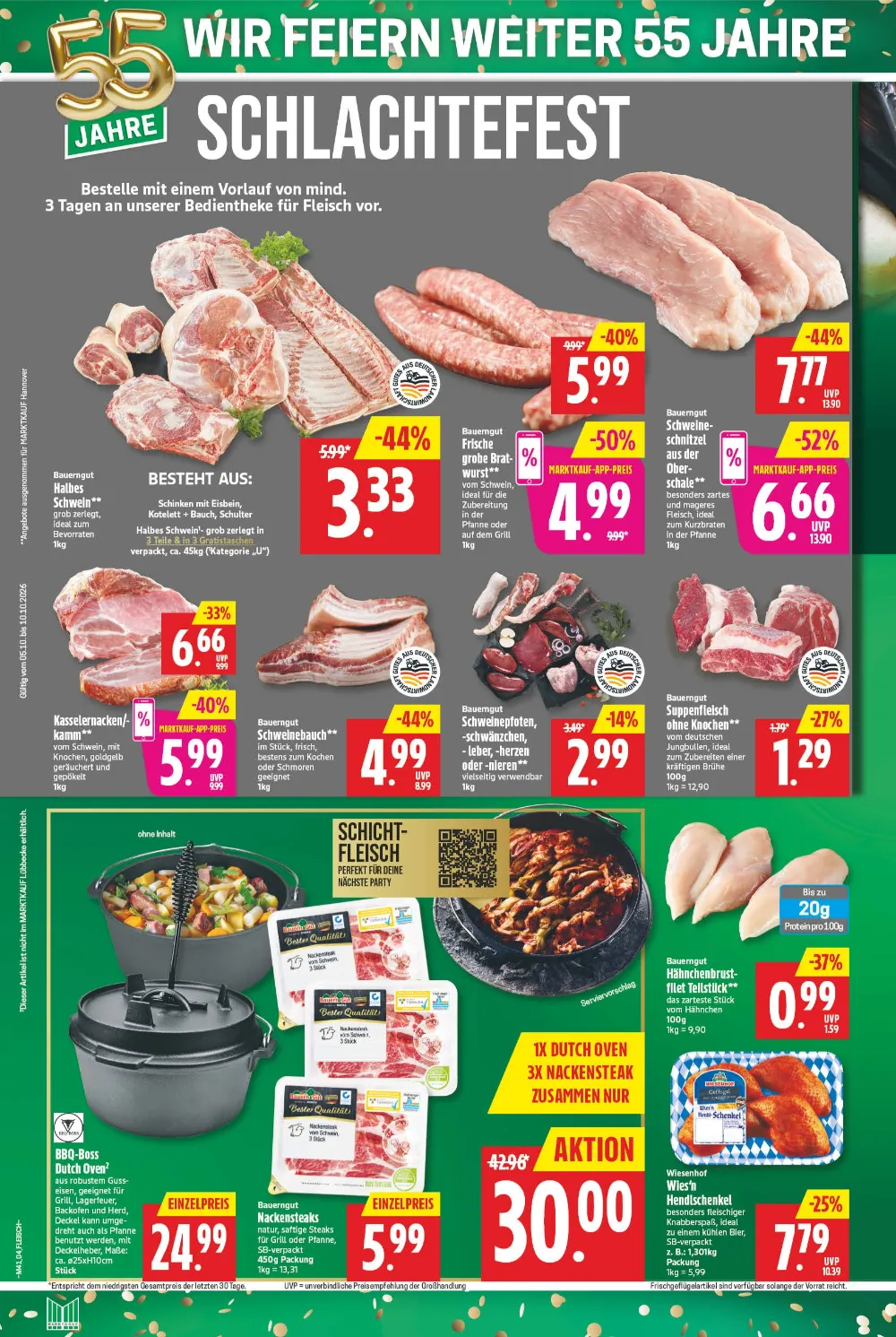 Marktkauf Nord Prospekt KW 41 Seite 4 mit Schweinefleisch, Bratwurst, Kasselernacken, Dutch Oven und Hähnchenbrust