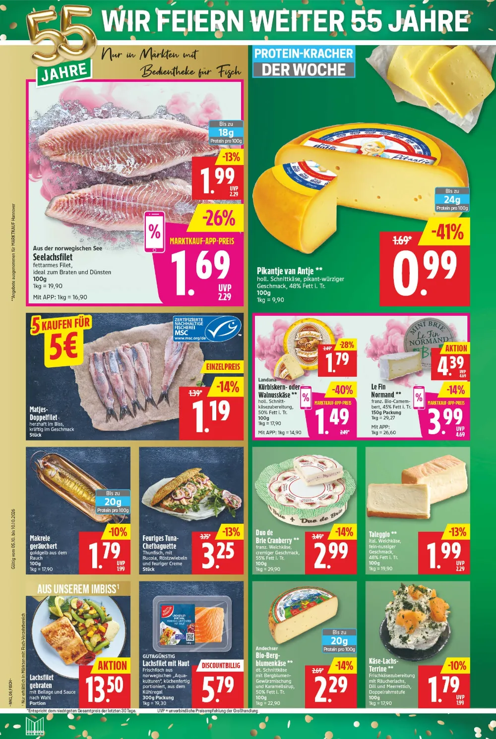 Marktkauf Nord Prospekt KW 41 Seite 6 mit Seelachsfilet, Schnittkäse, Matjes, Camembert, geräucherter Makrele und Lachsfilet
