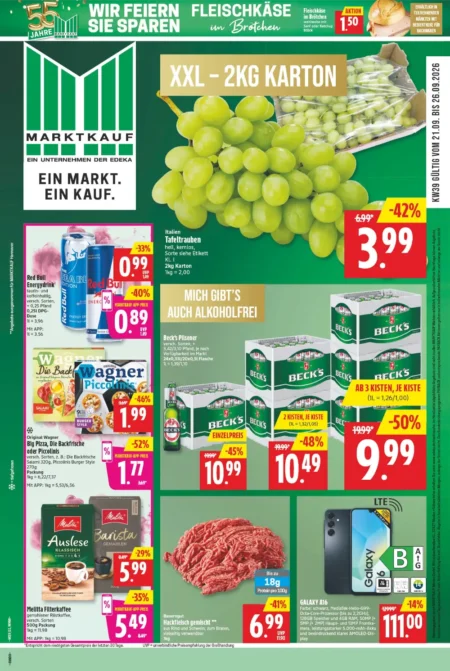 Marktkauf Nord Prospekt ab 21.09.2026 (KW 39) Marktkauf Nord Prospekt ab 21.09.2026 Seite 1 mit Tafeltrauben, Red Bull, Wagner Piccolinis & Melitta Kaffee