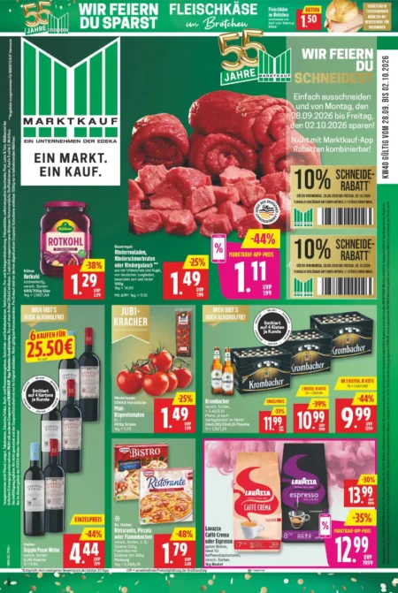 Marktkauf Nord Prospekt ab 28.09.2026 (KW 40) Marktkauf Prospekt ab 28.09.2026 Seite 1 mit Rotkohl, Rinderrouladen, Tomaten, Krombacher, Pizza und Lavazza Kaffee.
