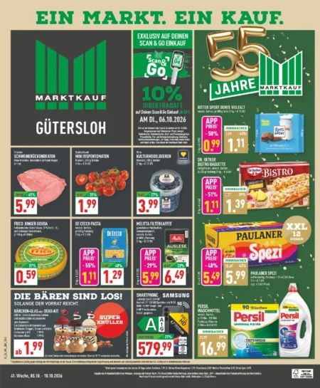 Marktkauf Prospekt ab 05.10.2026 (KW 41) Marktkauf Prospekt ab 05.10.2026 Seite 1 mit Schweinebraten, Heidelbeeren, Frico Gouda, Melitta Kaffee, Spezi und Persil