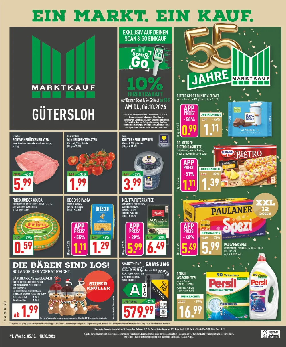 Marktkauf Prospekt ab 05.10.2026 Seite 1 mit Schweinebraten, Heidelbeeren, Frico Gouda, Melitta Kaffee, Spezi und Persil
