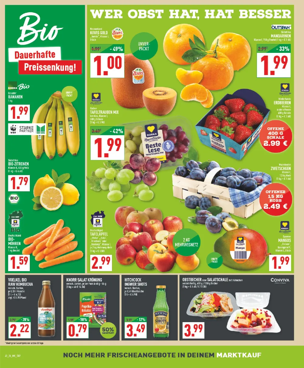 Marktkauf Prospekt KW 41 Seite 2 mit Kiwis, Mandarinen, Bio-Bananen, Erdbeeren, Zwetschgen, Äpfeln, Mango und Ingwer Shots