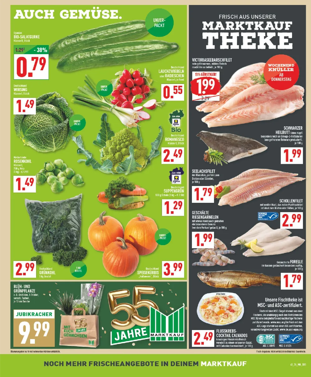 Marktkauf Prospekt KW 41 Seite 3 mit Bio-Salatgurke, Wirsing, Romanesco, Kürbis, Seelachsfilet, Garnelen und Forelle