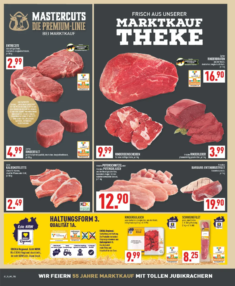 Marktkauf Prospekt KW 41 Seite 4 mit Entrecôte, Rinderbraten, Rinderfilet, Kalbskoteletts, Putenschnitzel und Rindergulasch