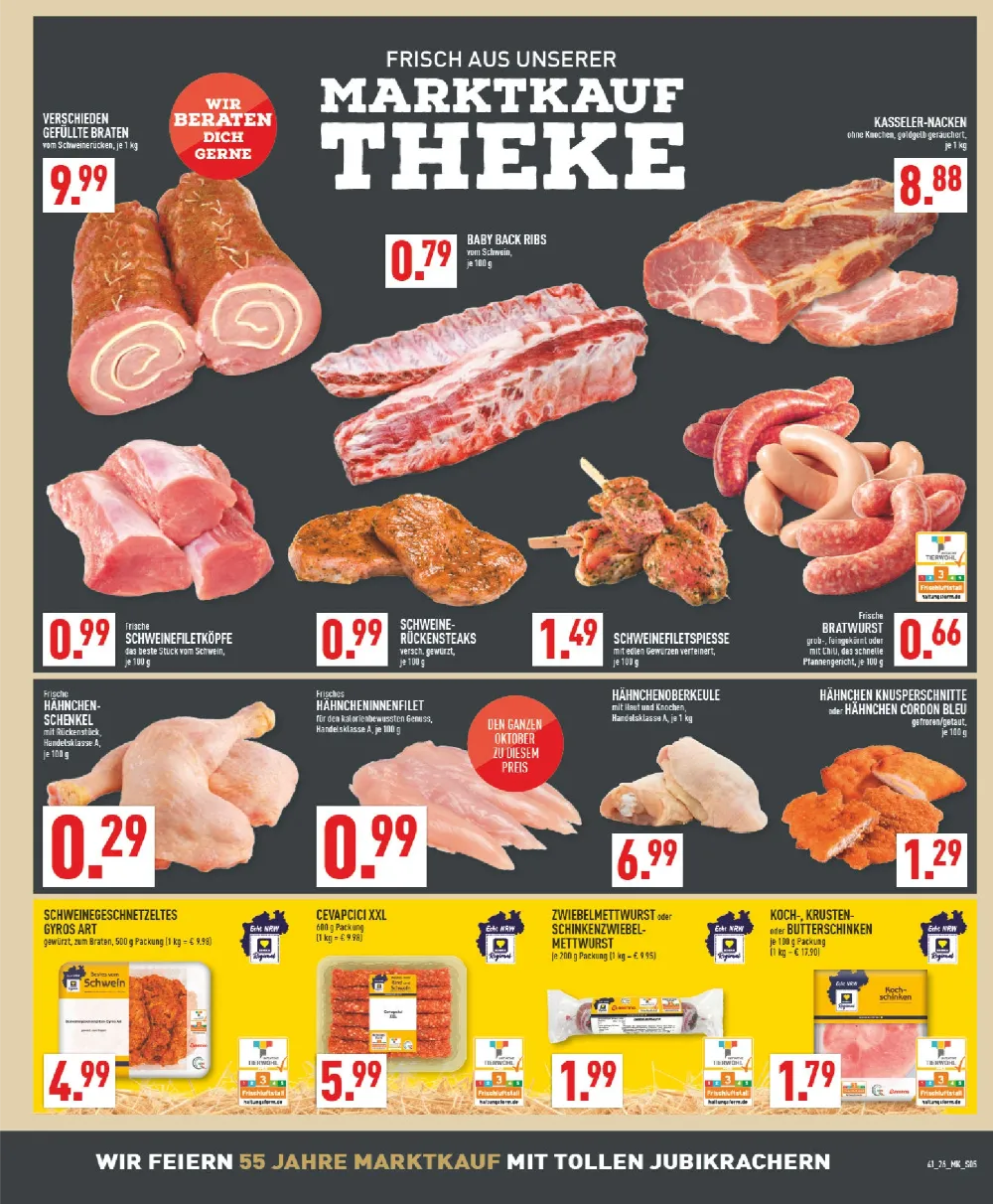 Marktkauf Prospekt KW 41 Seite 5 mit gefülltem Braten, Kasseler, Rückensteaks, Bratwurst, Hähnchenschenkeln und Cevapcici
