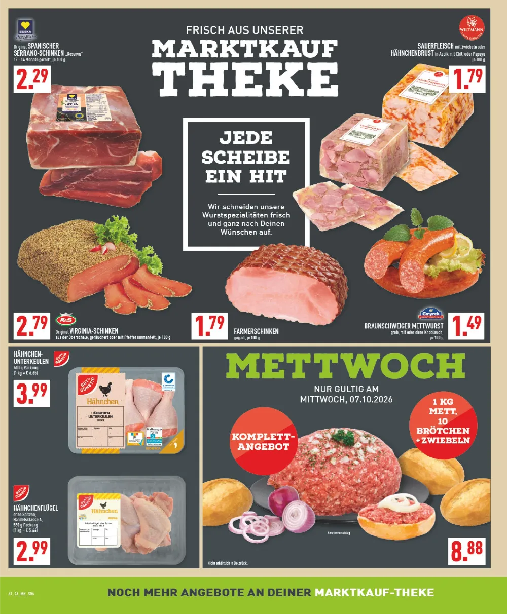 Marktkauf Prospekt KW 41 Seite 6 mit Serrano-Schinken, Sauerfleisch, Farmerschinken, Hähnchenunterkeulen und Mett