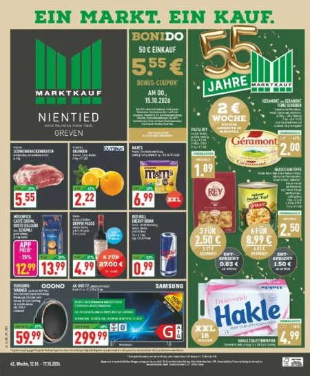 Marktkauf Prospekt ab 12.10.2026 (KW 42) Marktkauf Prospekt ab 12.10.2026 Seite 1 mit Schweinenackenbraten, Orangen, M&M's, Géramont, Erasco, Red Bull & Hakle