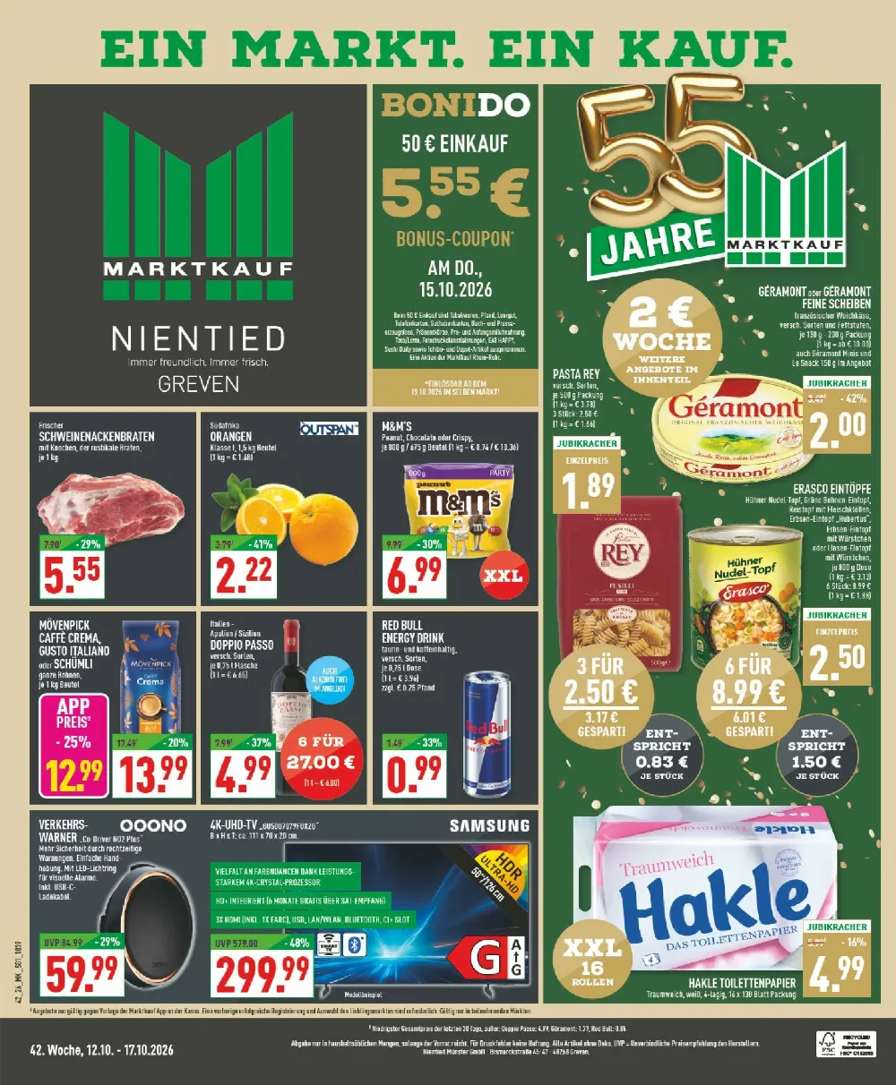Marktkauf Prospekt ab 12.10.2026 Seite 1 mit Schweinenackenbraten, Orangen, M&M's, Géramont, Erasco, Red Bull & Hakle