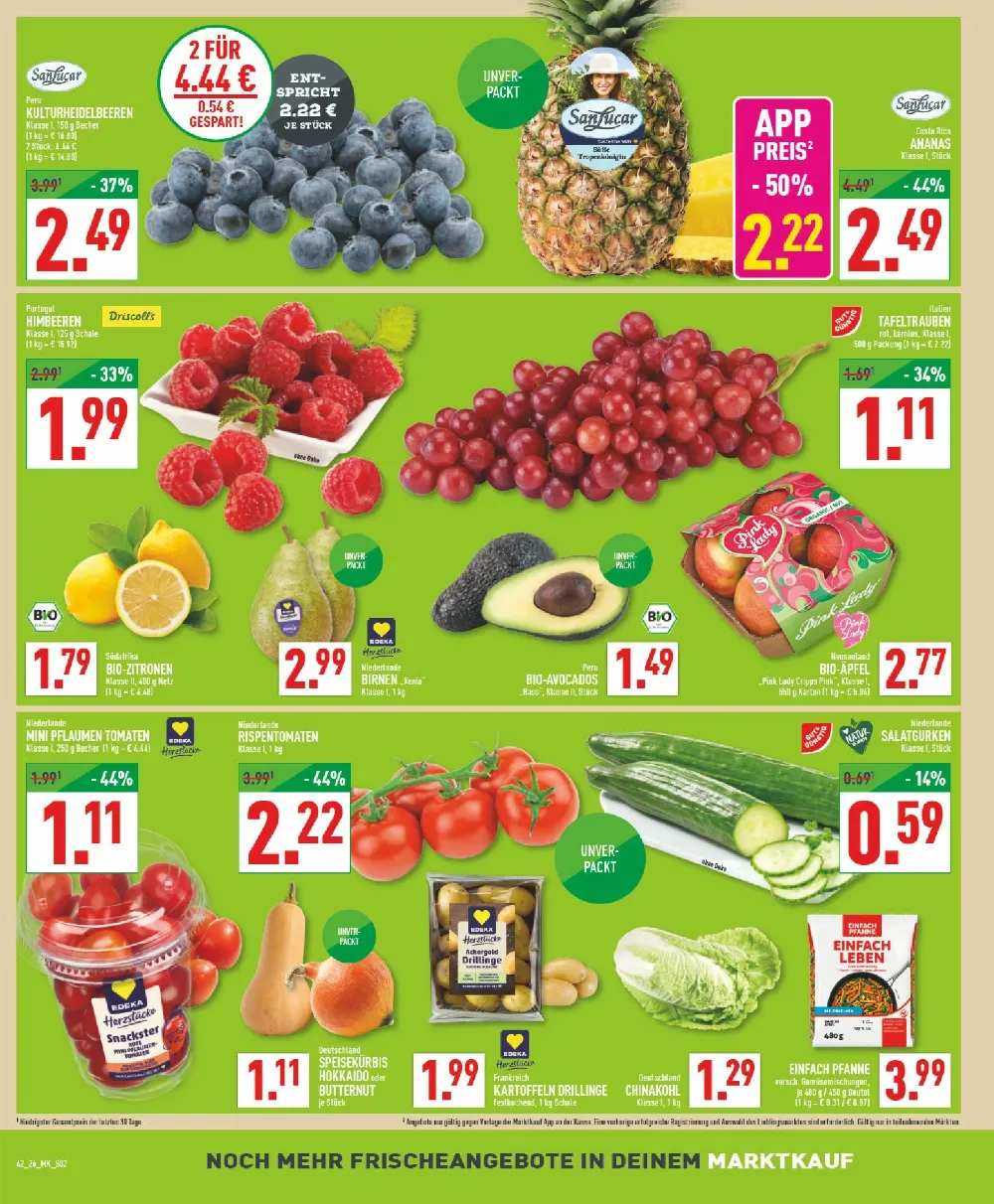 Marktkauf Prospekt KW 42 Seite 2 mit Kulturheidelbeeren, Ananas, Himbeeren, Tafeltrauben, Bio-Zitronen, Avocados & Äpfeln