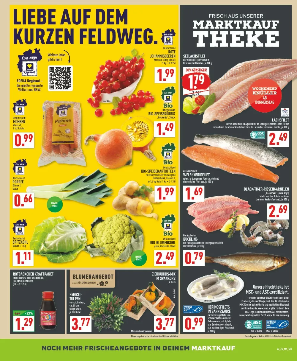 Marktkauf Prospekt KW 42 Seite 3 mit Johannisbeeren, Möhren, Porree, Spitzkohl, Seelachsfilet, Lachsfilet & Bückling