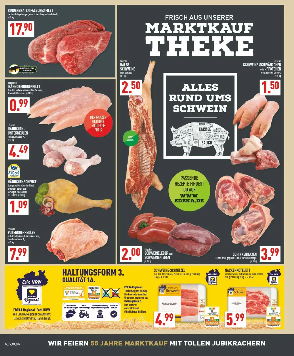 Marktkauf Prospekt KW 42 Seite 4 mit Rinderbraten, Hähncheninnenfilet, Hähnchenschenkel, Schweineleber & Schinkenhaxen