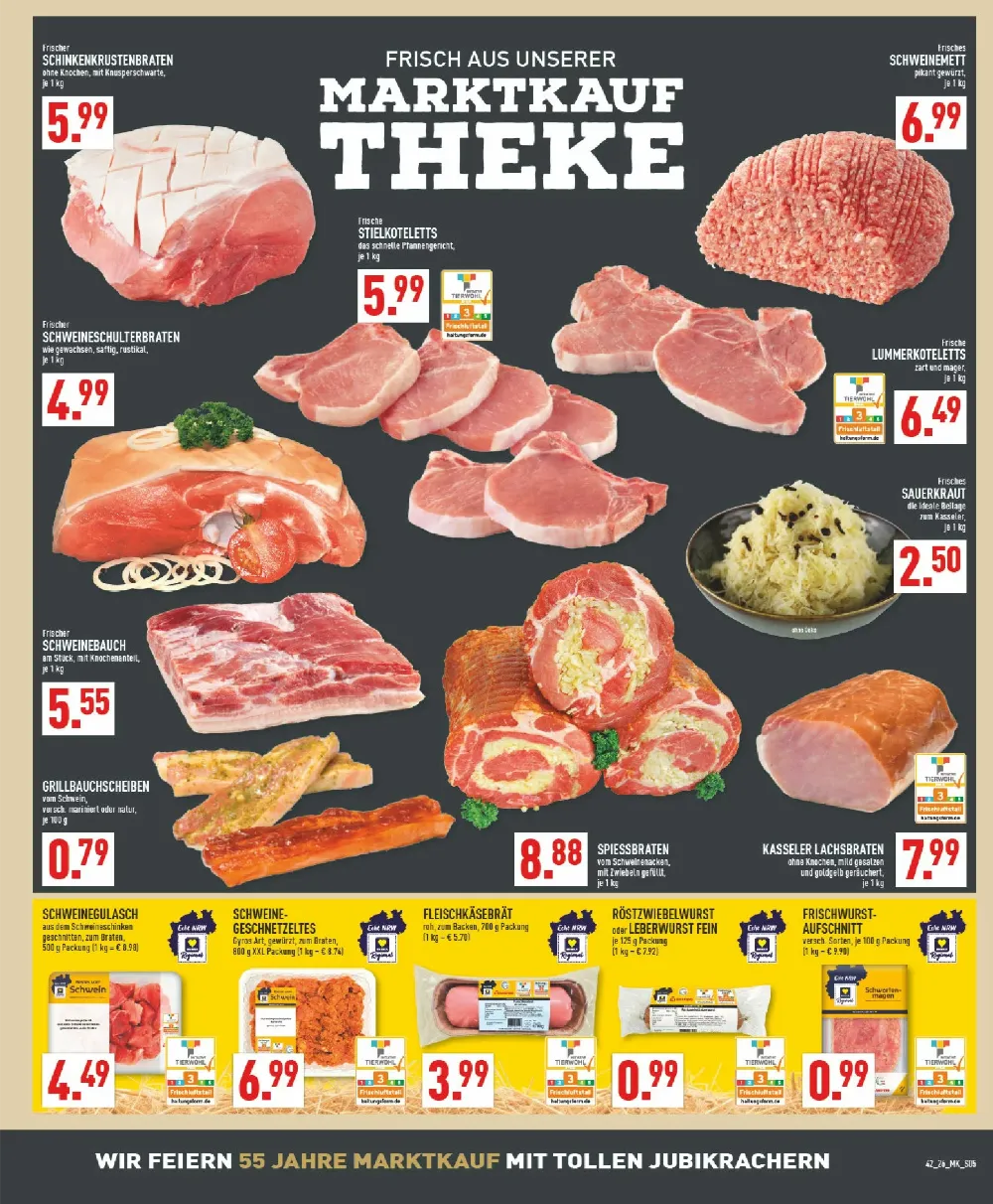 Marktkauf Prospekt KW 42 Seite 5 mit Schinkenkrustenbraten, Schweinemett, Koteletts, Sauerkraut, Schweinebauch & Spießbraten