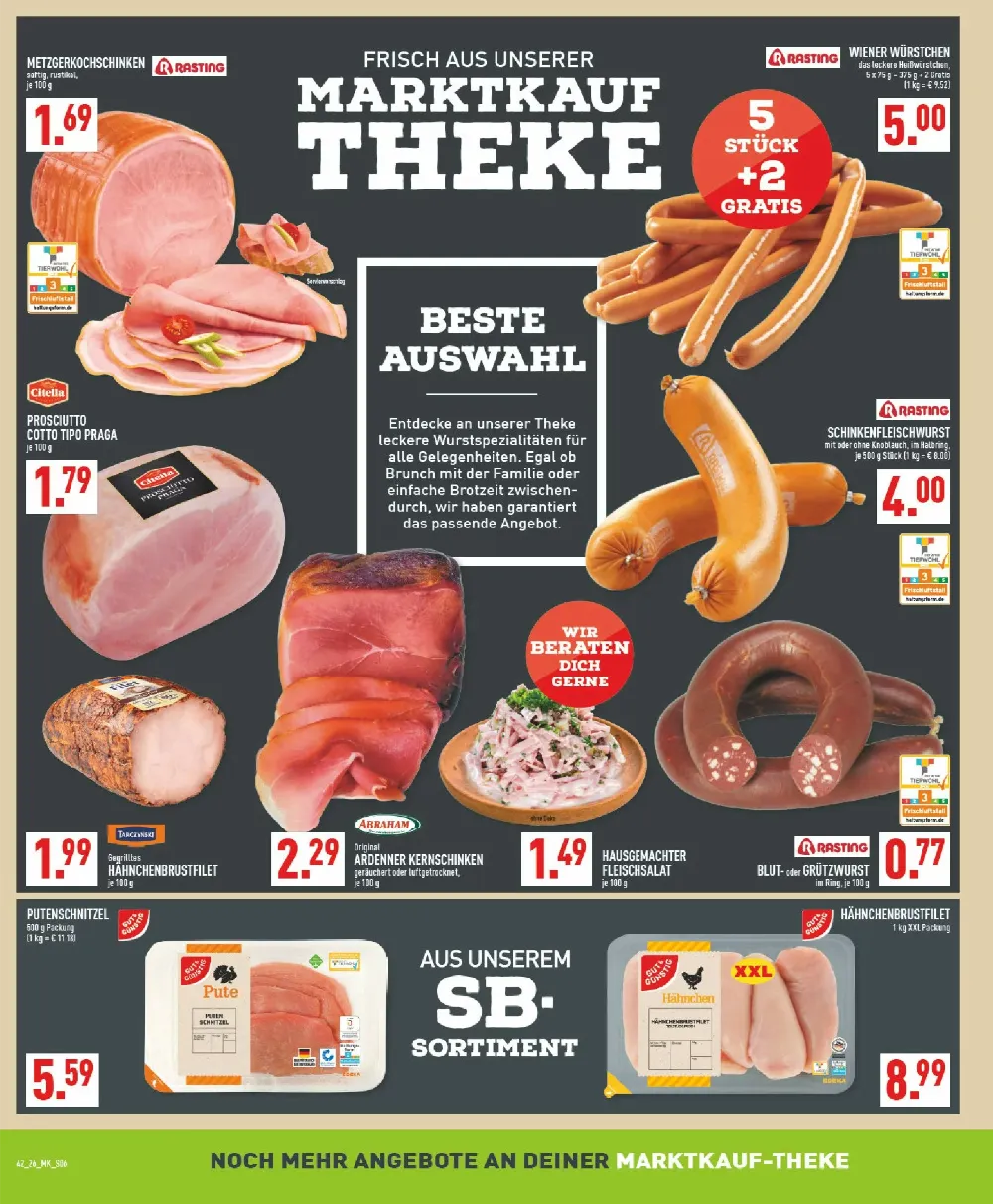 Marktkauf Prospekt KW 42 Seite 6 mit Kochschinken, Wiener Würstchen, Fleischwurst, Fleischsalat, Blutwurst & Putenschnitzel