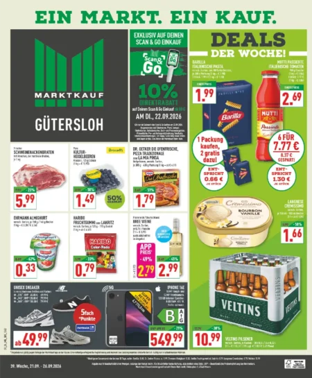 Marktkauf Prospekt ab 21.09.2026 (KW 39) Marktkauf Prospekt ab 21.09.2026 Seite 1 mit Schweinenackenbraten, Heidelbeeren, Barilla Pasta, Mutti und Veltins.