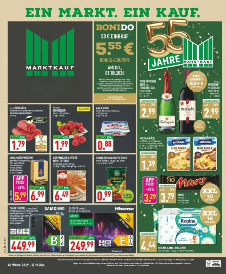 Marktkauf Prospekt ab 28.09.2026 (KW 40) Marktkauf Prospekt ab 28.09.2026 Seite 1 mit Rouladen, Himbeeren, Buko, Dallmayr Kaffee und Samsung Smartphone.