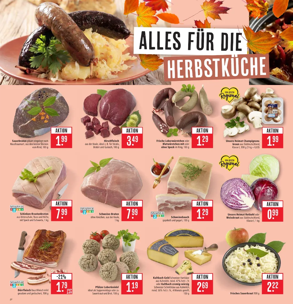 Marktkauf Südwest Prospekt KW 41 Seite 2 mit Sauerbraten, Hirschfleisch, Leberwürstchen, Champignons und Sauerkraut