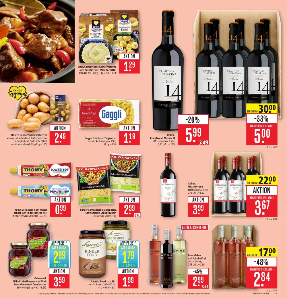 Marktkauf Südwest Prospekt KW 41 Seite 3 mit Kartoffelpüree, Gaggli Nudeln, Thomy Senf, Primitivo Wein und Lacroix Fond