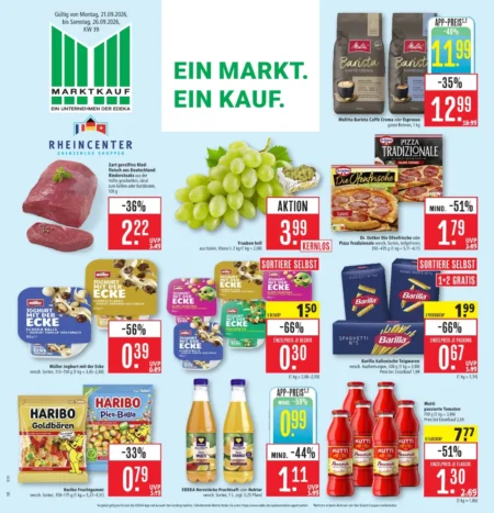Marktkauf Südwest Prospekt ab 21.09.2026 (KW 39) Marktkauf Südwest Prospekt ab 21.09.2026 Seite 1 mit Melitta Kaffee, Rindersteaks, Trauben, Haribo und Barilla Pasta.