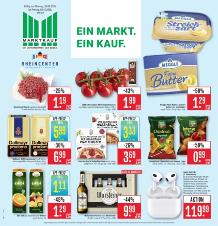 Marktkauf Südwest Prospekt ab 28.09.2026 (KW 40) Marktkauf Südwest Prospekt ab 28.09.2026 Seite 1 mit Rinderhackfleisch, Meggle Butter, Dallmayr Kaffee und Pizza.