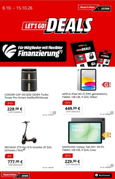 MediaMarkt Angebote im Prospekt ab 08.10.2026 (KW 41) MediaMarkt Angebote ab 08.10.2026 Seite 1 mit angeboten für Cosori Fritteuse, Apple iPad, Segway E-Scooter & Galaxy Tab