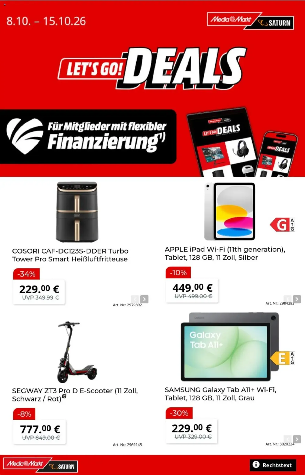 MediaMarkt Angebote ab 08.10.2026 Seite 1 mit angeboten für Cosori Fritteuse, Apple iPad, Segway E-Scooter & Galaxy Tab