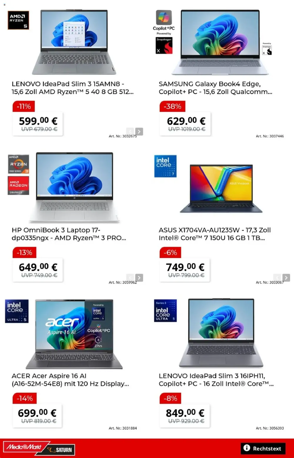 MediaMarkt Angebote KW 41 Seite 3 mit angeboten für Lenovo IdeaPad, Samsung Galaxy Book, HP OmniBook, Asus & Acer Laptops