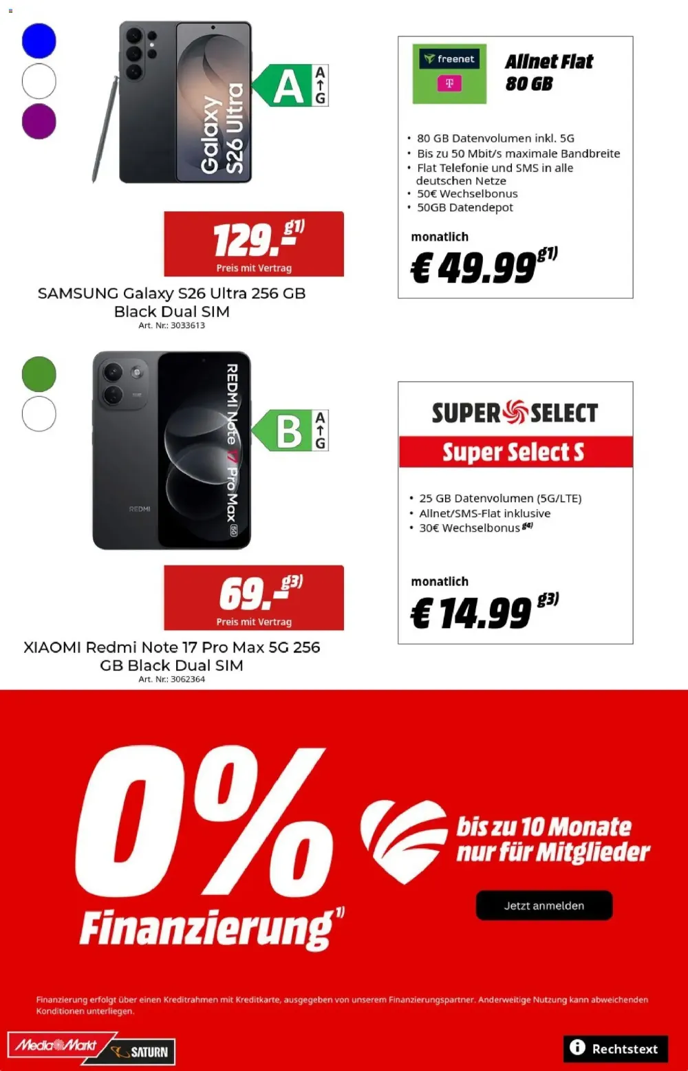 MediaMarkt Angebote KW 41 Seite 6 mit angeboten für Samsung Galaxy S26 Ultra, Xiaomi Redmi Note 17 Pro Max & Mobilfunktarife