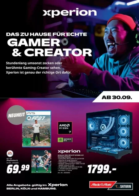 MediaMarkt Prospekt ab 30.09.2026 (KW 40) MediaMarkt Prospekt ab 30.09.2026 Seite 1 mit EA Sports FC 27 PS5 und Xperion Gaming-Desktop.