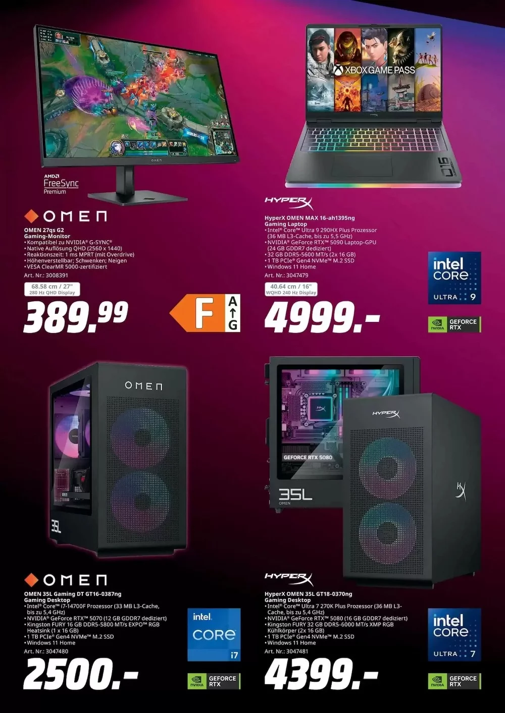 MediaMarkt Prospekt KW40 Seite 3 mit OMEN 27qs Gaming-Monitor, HyperX OMEN Laptop und OMEN 35L Desktop.
