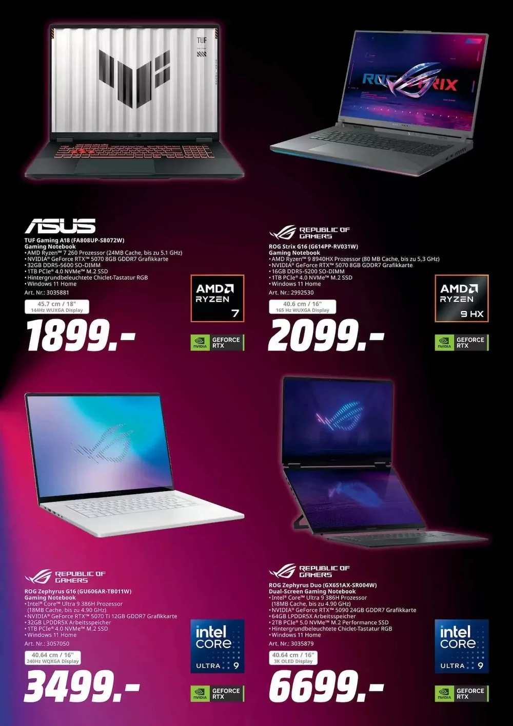MediaMarkt Prospekt KW40 Seite 4 mit ASUS TUF Gaming A18, ROG Strix G16 und ROG Zephyrus Gaming Notebooks.