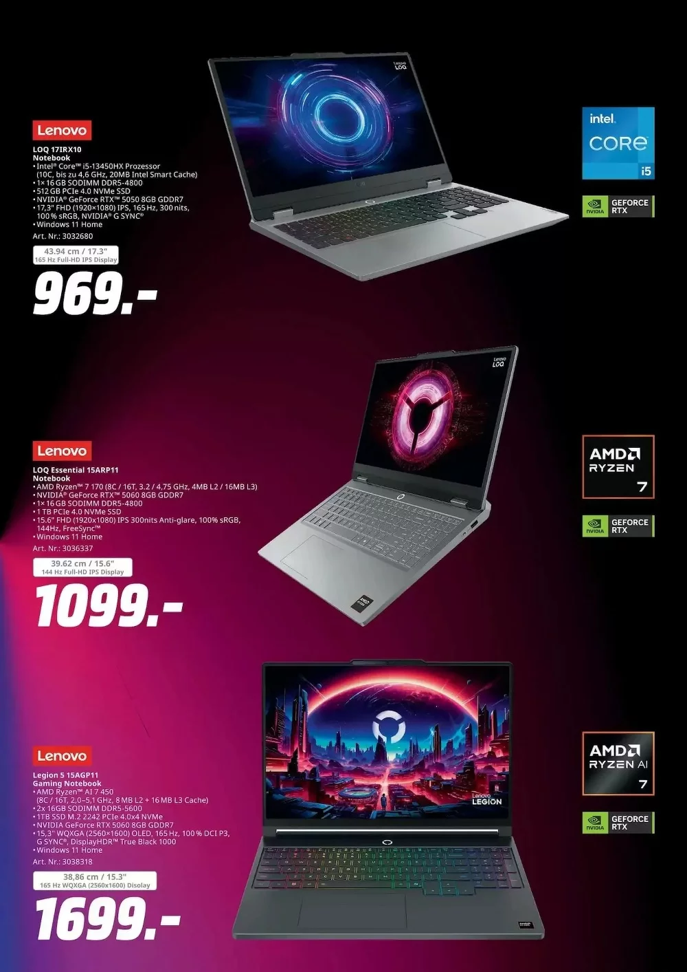 MediaMarkt Prospekt KW40 Seite 5 mit Lenovo LOQ Notebook, Lenovo LOQ Essential und Lenovo Legion 5.