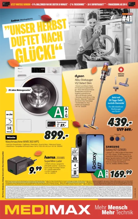 Medimax Angebote im Prospekt ab 02.10.2026 (KW 41) MEDIMAX Angebote ab 02.10.2026 Seite 1 mit Angeboten für Miele Waschmaschine, Dyson Staubsauger, Hama Lader & Samsung Galaxy