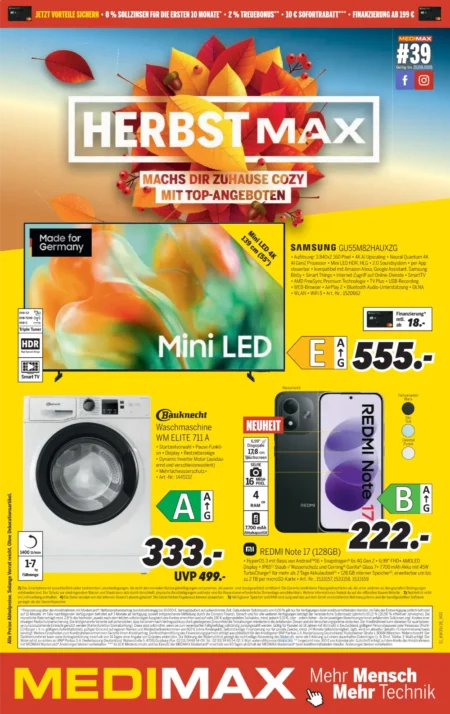 Medimax Angebote im Prospekt ab 18.09.2026 (KW 39) MEDIMAX Angebote ab 18.09.2026 Seite 1 mit Angeboten für Samsung TV, Bauknecht Waschmaschine und Redmi Smartphone.