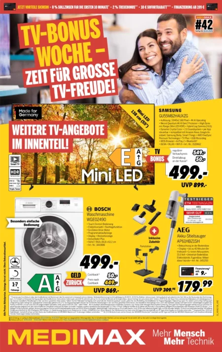 Medimax Prospekt ab 12.10.2026 (KW 42) MEDIMAX Prospekt ab 12.10.2026 Seite 1 mit Samsung Mini LED TV, Bosch Waschmaschine & AEG Akku-Stielsauger