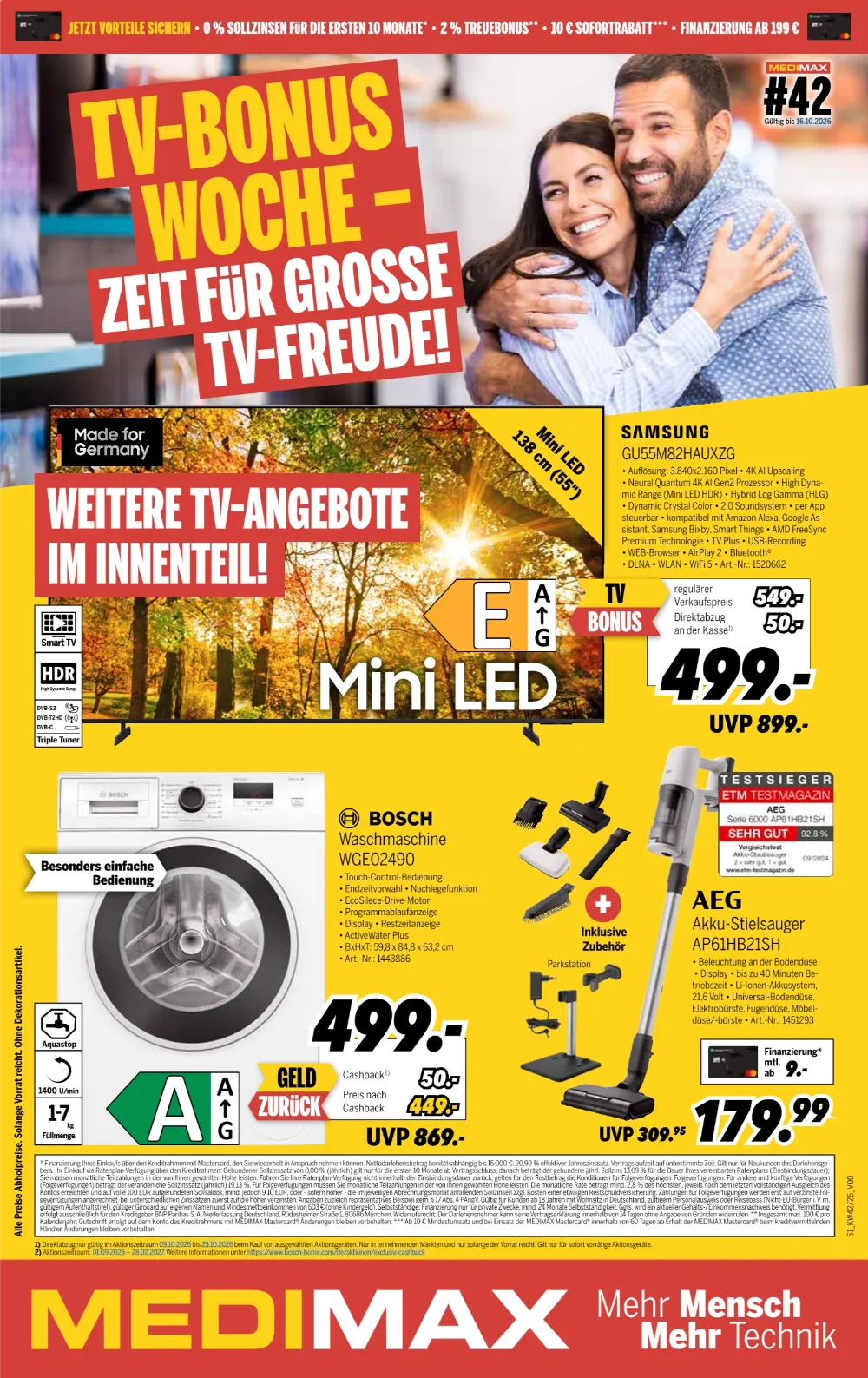 MEDIMAX Prospekt ab 12.10.2026 Seite 1 mit Samsung Mini LED TV, Bosch Waschmaschine & AEG Akku-Stielsauger