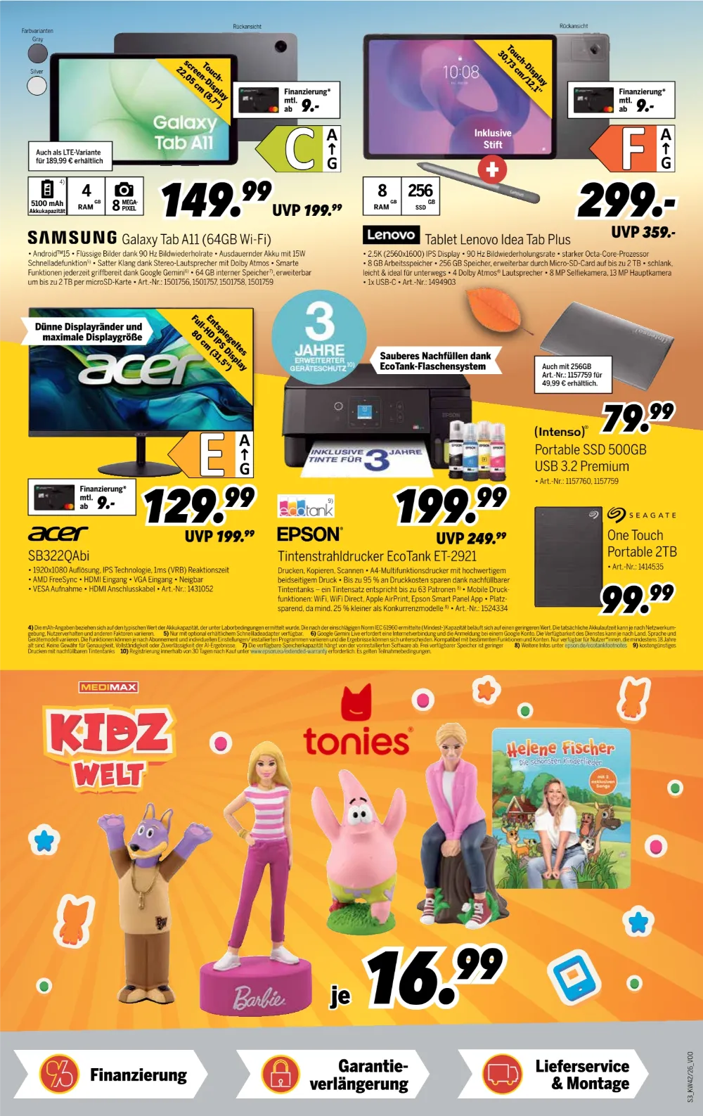 MEDIMAX Prospekt KW 42 Seite 3 mit Samsung & Lenovo Tablets, Acer Monitor, Epson Drucker & Tonies