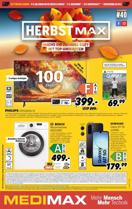 Medimax Prospekt ab 25.09.2026 (KW 40) Medimax Prospekt ab 25.09.2026 Seite 1 mit Philips TV, EA Sports FC27, Bosch Waschmaschine und Samsung Galaxy A17 5G.