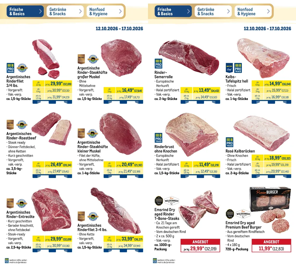 Metro Prospekt KW 42 Seite 2 mit Rinderfilet, Rinder-Steakhüfte, Kalbstafelspitz, Rinderbrust & T-Bone-Steaks