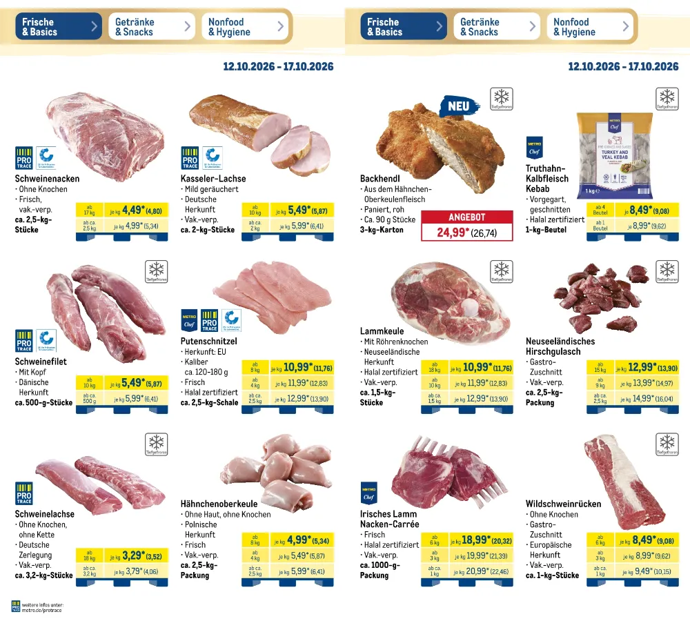 Metro Prospekt KW 42 Seite 3 mit Schweinenacken, Kasseler-Lachse, Schweinefilet, Putenschnitzel & Lammkeule