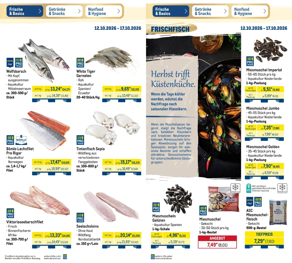 Metro Prospekt KW 42 Seite 4 mit Wolfsbarsch, Garnelen, Lachsfilet, Tintenfisch Sepia & Miesmuscheln