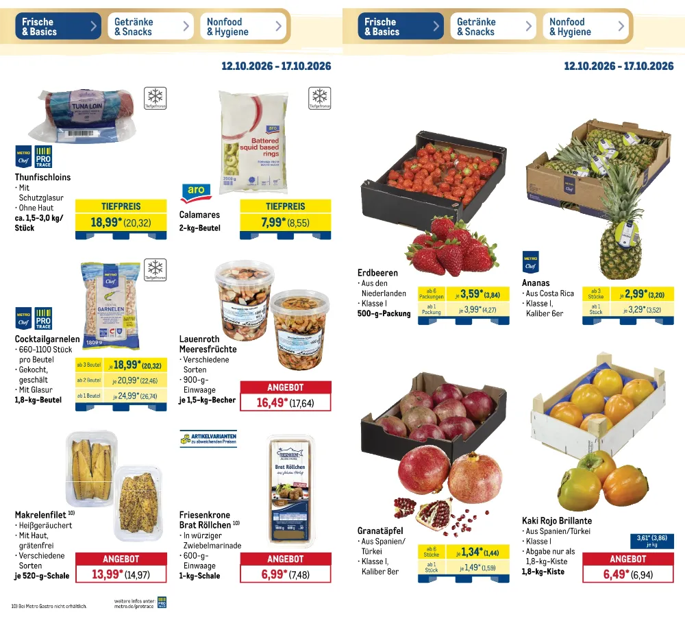 Metro Prospekt KW 42 Seite 5 mit Thunfischloins, Calamares, Erdbeeren, Ananas, Granatäpfeln & Kaki