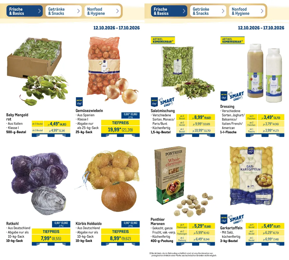 Metro Prospekt KW 42 Seite 6 mit Baby Mangold, Gemüsezwiebeln, Rotkohl, Hokkaido Kürbis & Maronen